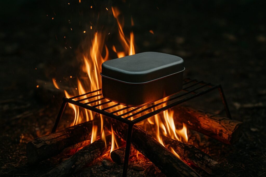 焚き火でメスティンを使ってご飯を温める様子。アウトドアで電気を使わずに食事を温めるシーン。