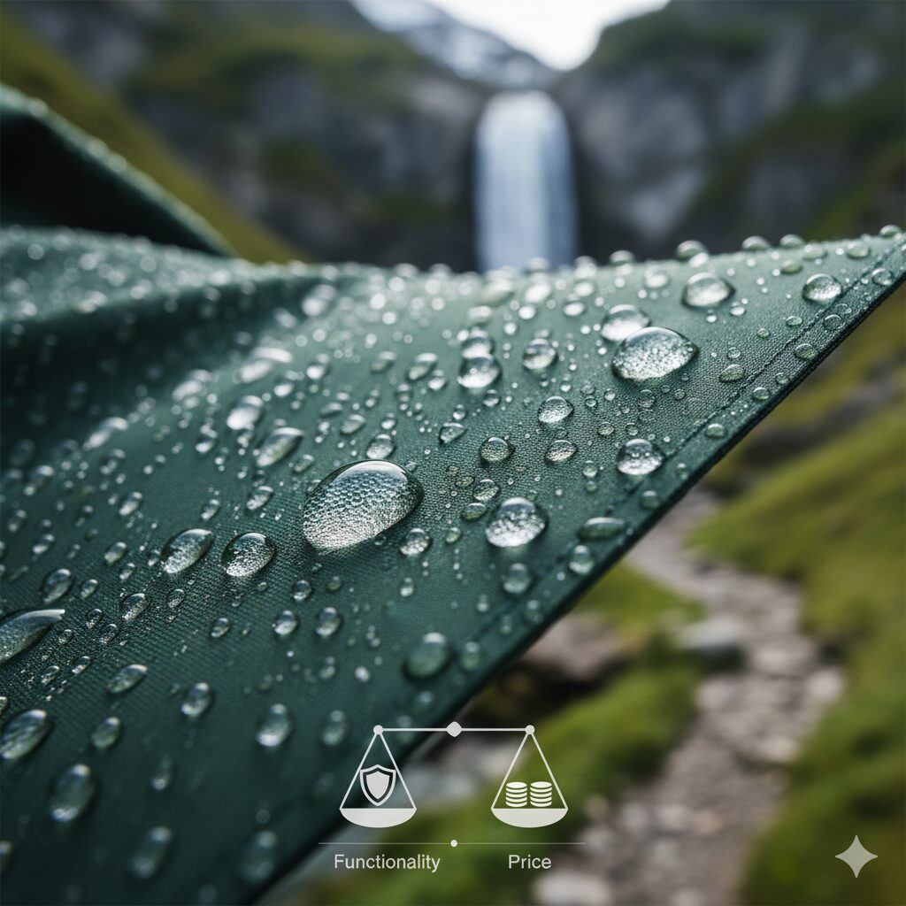 水滴を弾く高機能素材のクローズアップ。