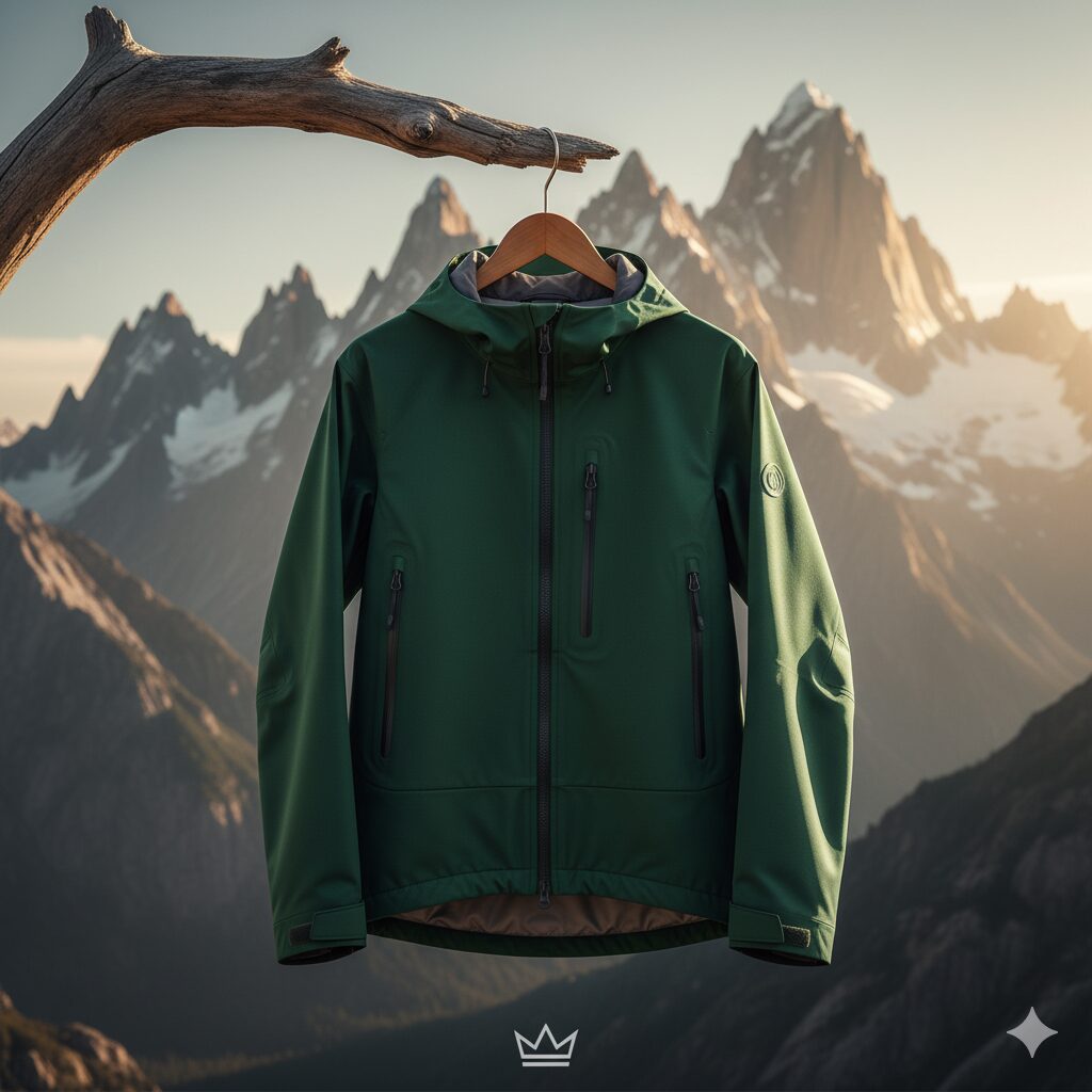 険しい岩山を背景に、完璧な状態のアウトドアジャケットが吊るされている。