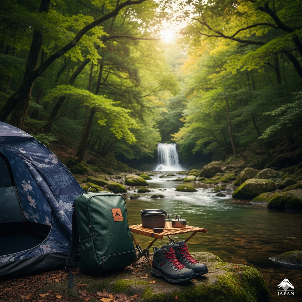 日本の美しい森と清流を背景に、スタイリッシュな和風デザインのアウトドアギアが配置されている。 `