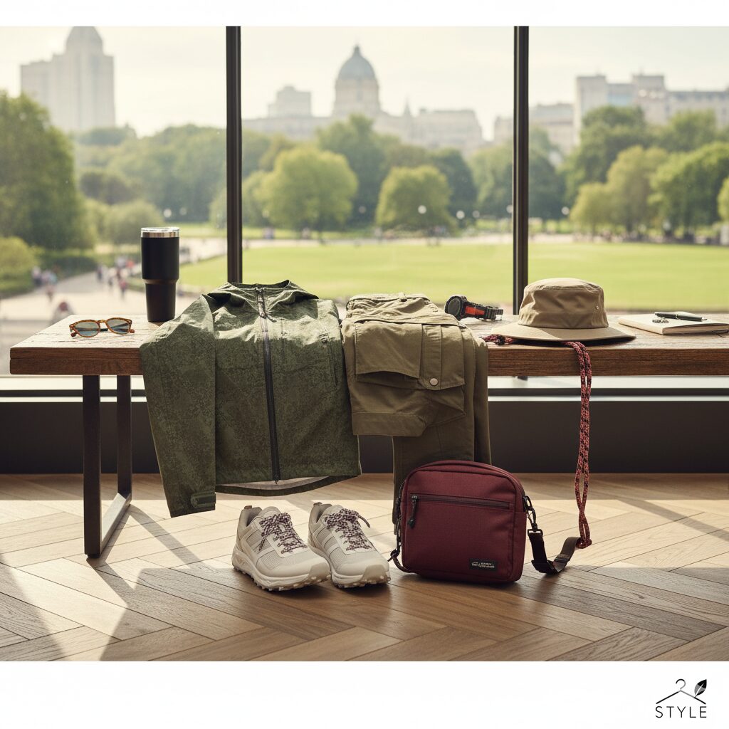 モダンなカフェテラスで、ファッショナブルなアウトドアファッションのコーディネートが雑誌のように配置されている。