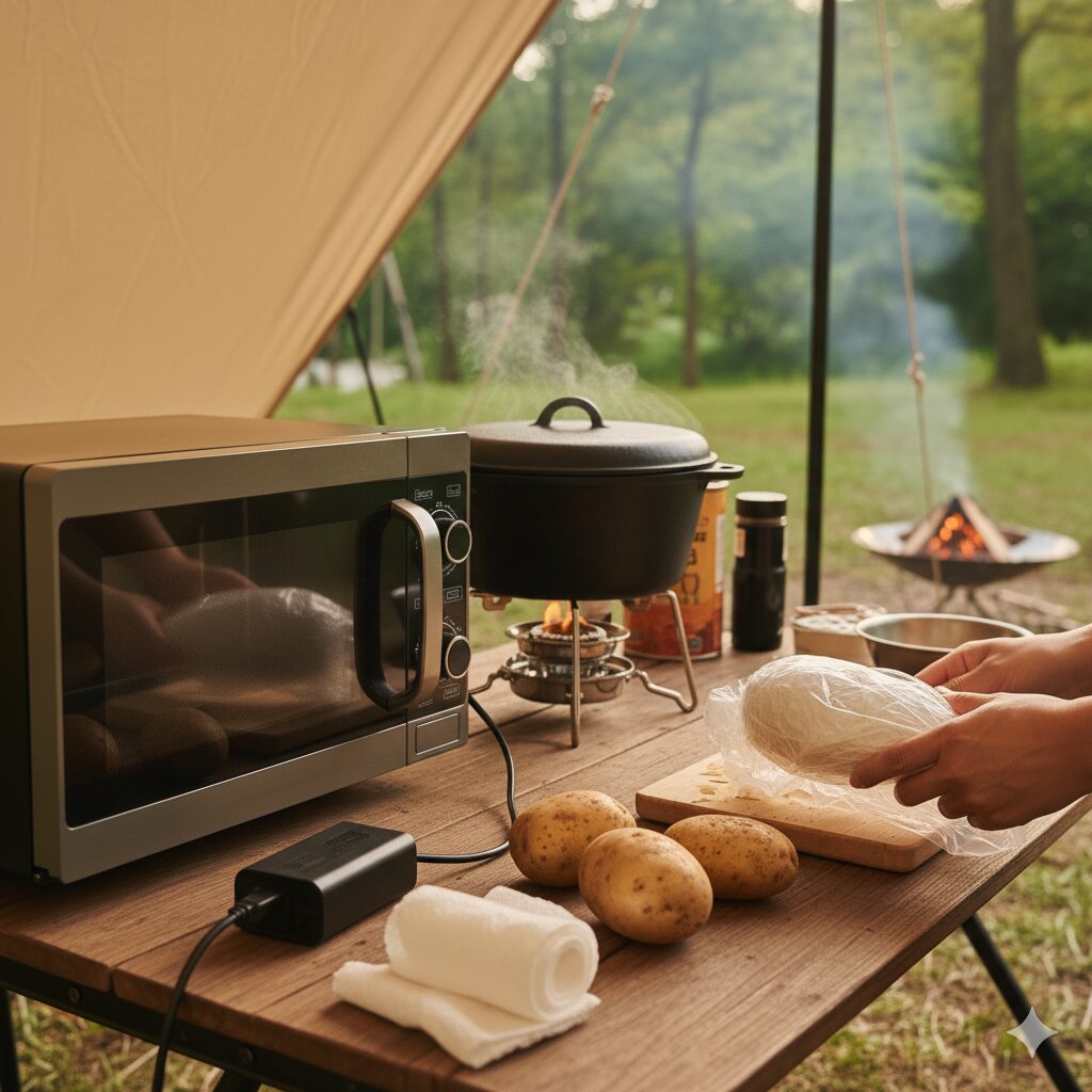 じゃがいもを濡れたキッチンペーパーとラップで包み、電子レンジで下ごしらえしている様子。