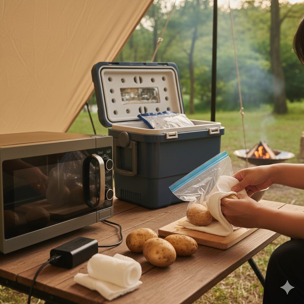 下ごしらえしたじゃがいもをキッチンペーパーで拭き、ジップロック袋に入れてクーラーボックスで保存する様子。