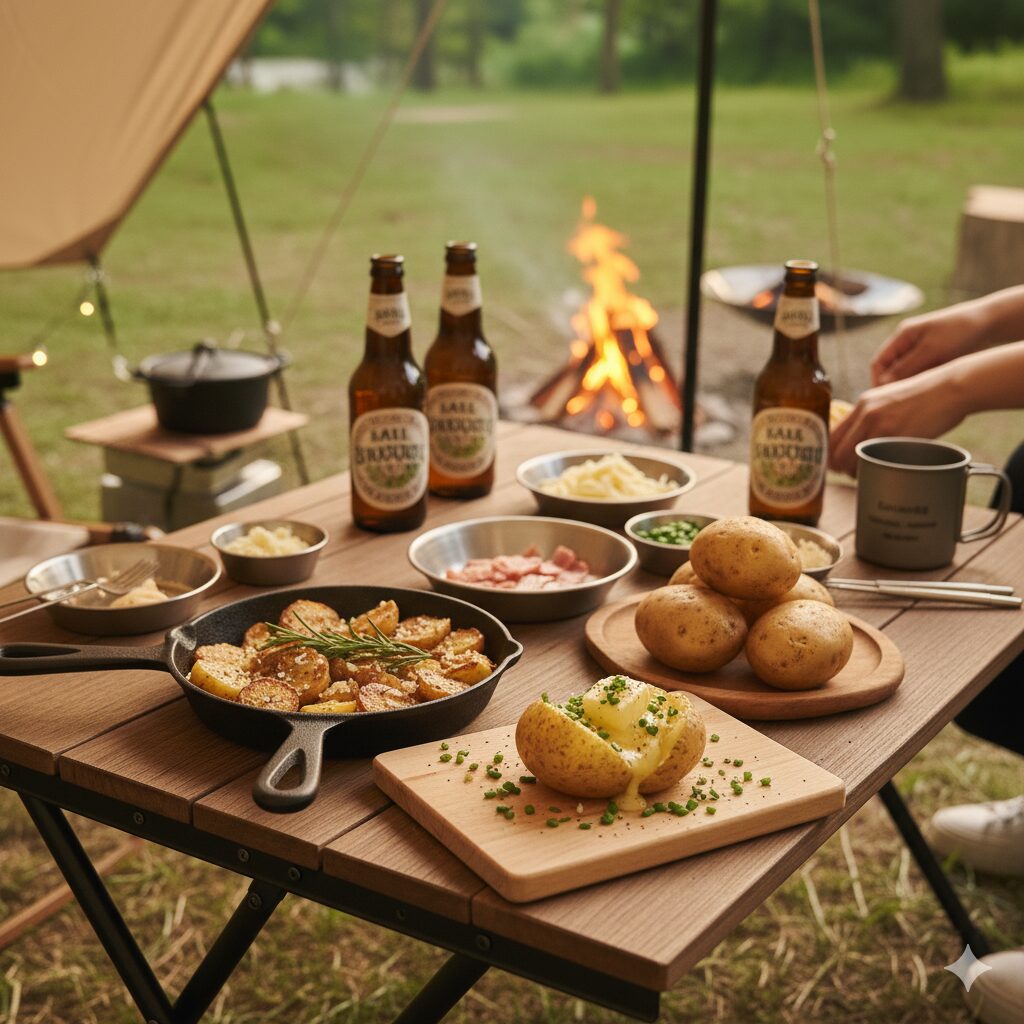 キャンプで楽しむ下ごしらえ済みのじゃがいも料理。じゃがバターとガーリックポテト。