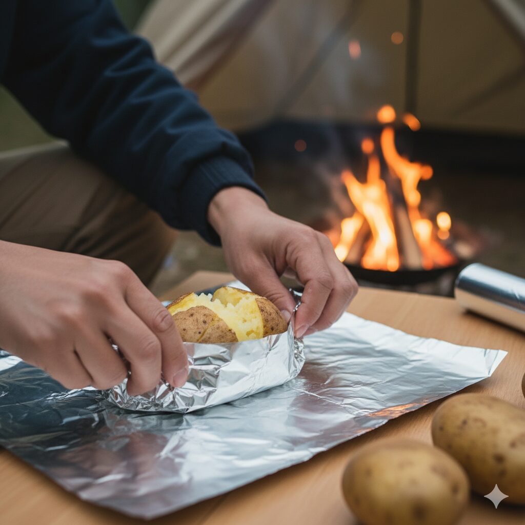 下ごしらえ済みの丸ごとじゃがいもを、アルミホイルで隙間なく包んでいる日本人の手元。