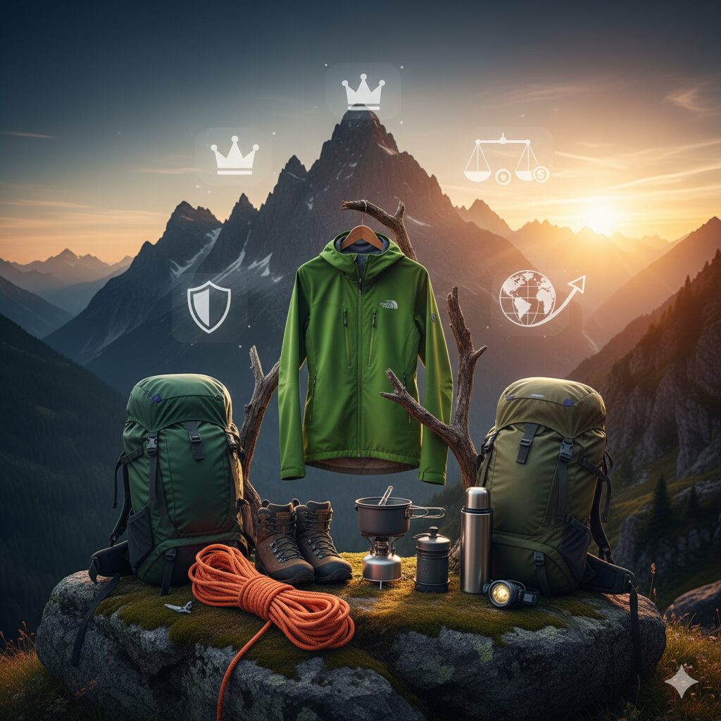 壮大な山脈を背景に、夕日が沈む中で様々なアウトドアギアが融合したシンボリックな集合。