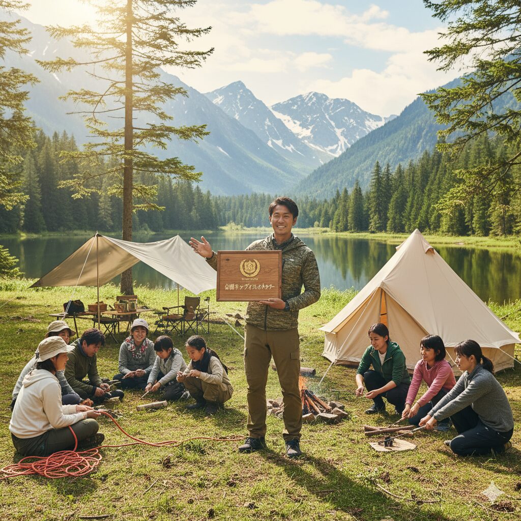 広々としたキャンプ場で、指導者がキャンプインストラクターの資格プレートを掲げ、参加者たちに指導している様子。