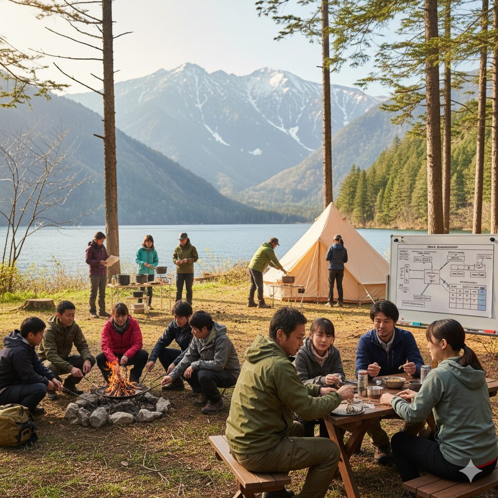 自然豊かなキャンプサイトで、受講生たちが焚き火を囲んで実践的な講習を受けている。