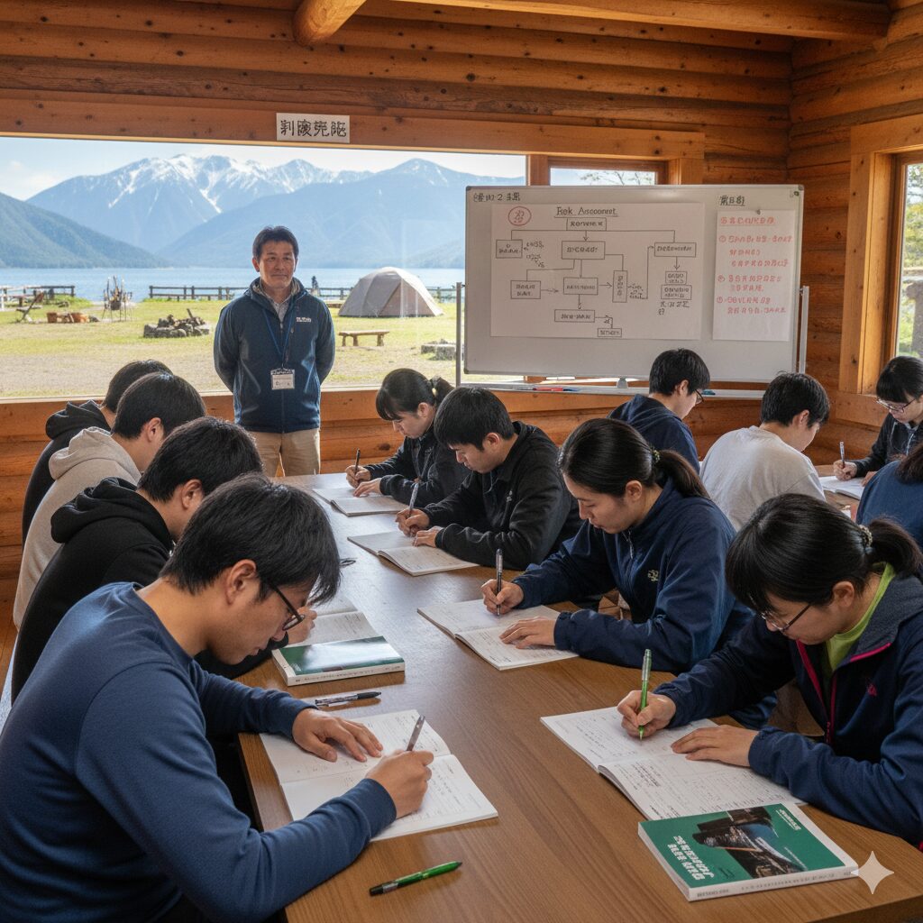 広々としたロッジの一室で、キャンプインストラクターの試験を受けている受講生たち。