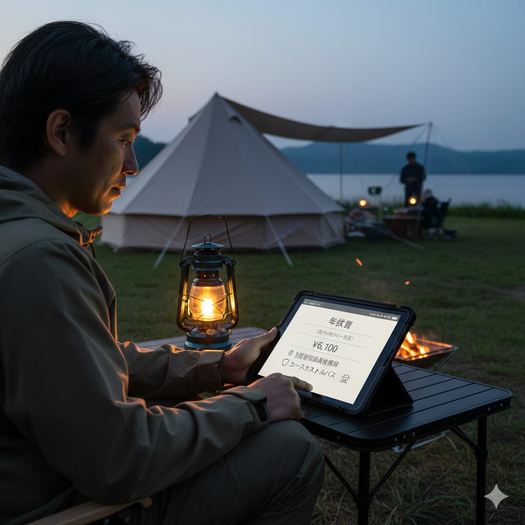夕暮れのキャンプ場で、男性がタブレットで年会費や会員特典について確認している。