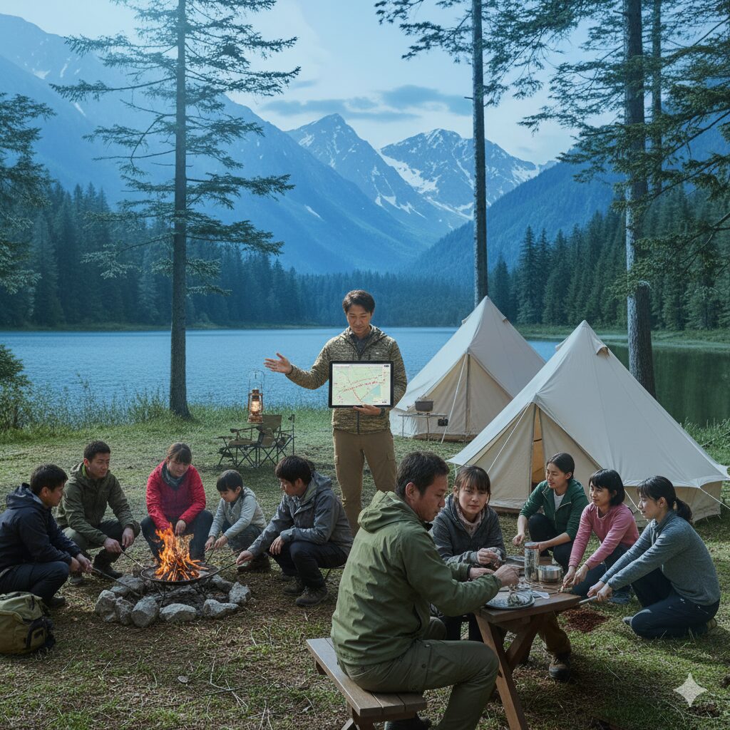 湖畔のキャンプ場で、指導者が参加者たちにマップを見せながら具体的な指導方法を説明している。