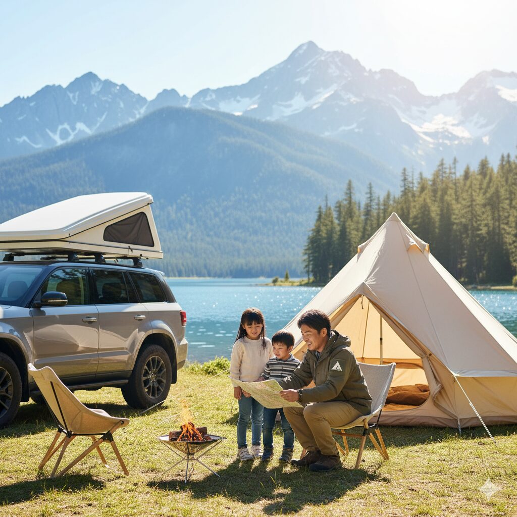 美しい湖畔でキャンプを楽しむ家族。父親が子供たちに地図を見せている。
