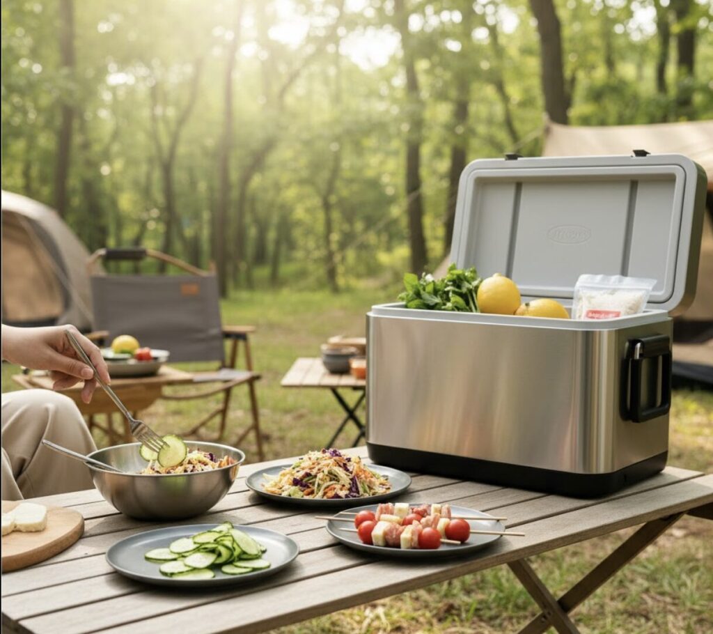 キャンプ場で調理が簡単なサラダやピンチョスが並べられたテーブルと、フタが開いたクーラーボックス。
