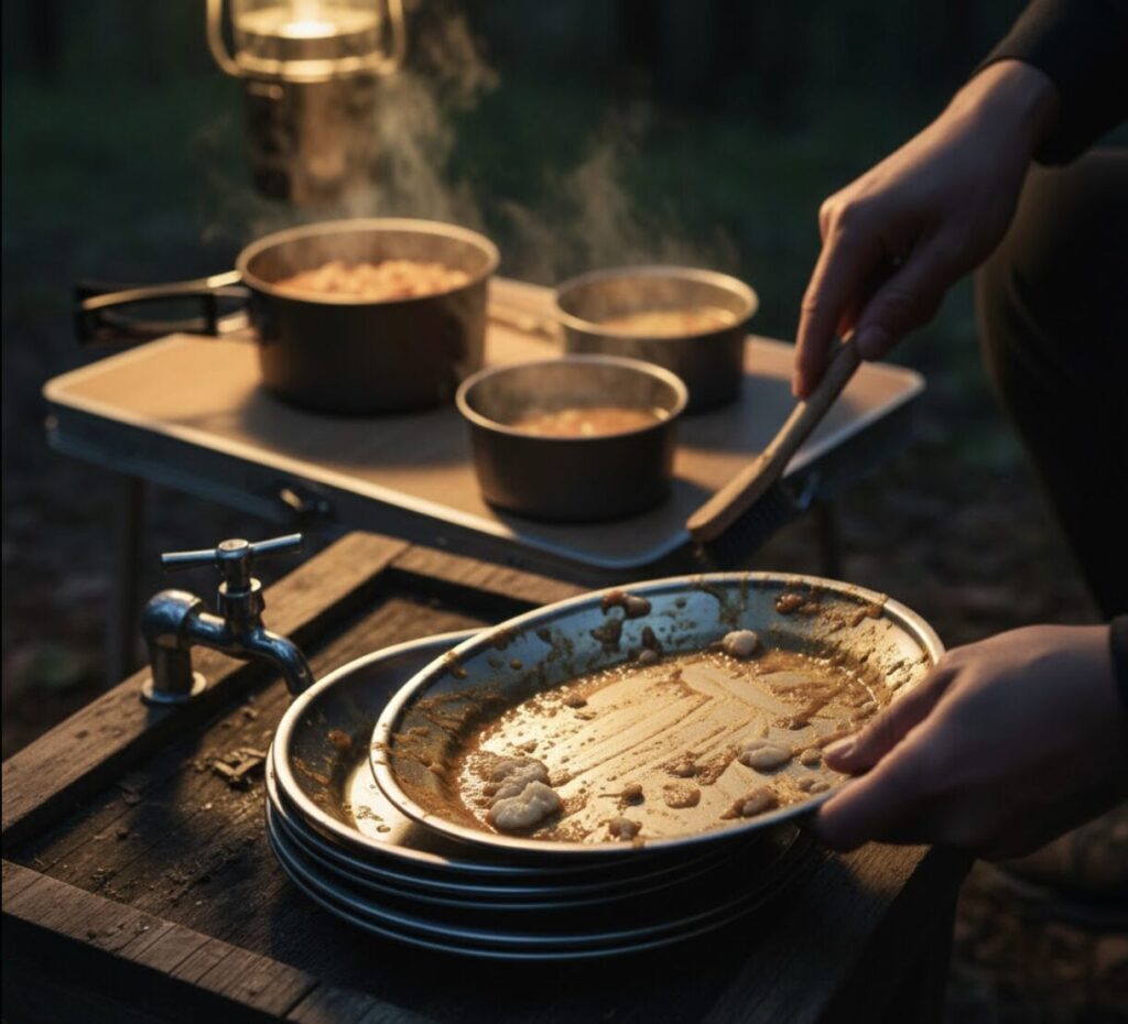 キャンプ場でカレールーで汚れたお皿を洗おうとしている場面。冷たい水と汚れた皿が積まれている。