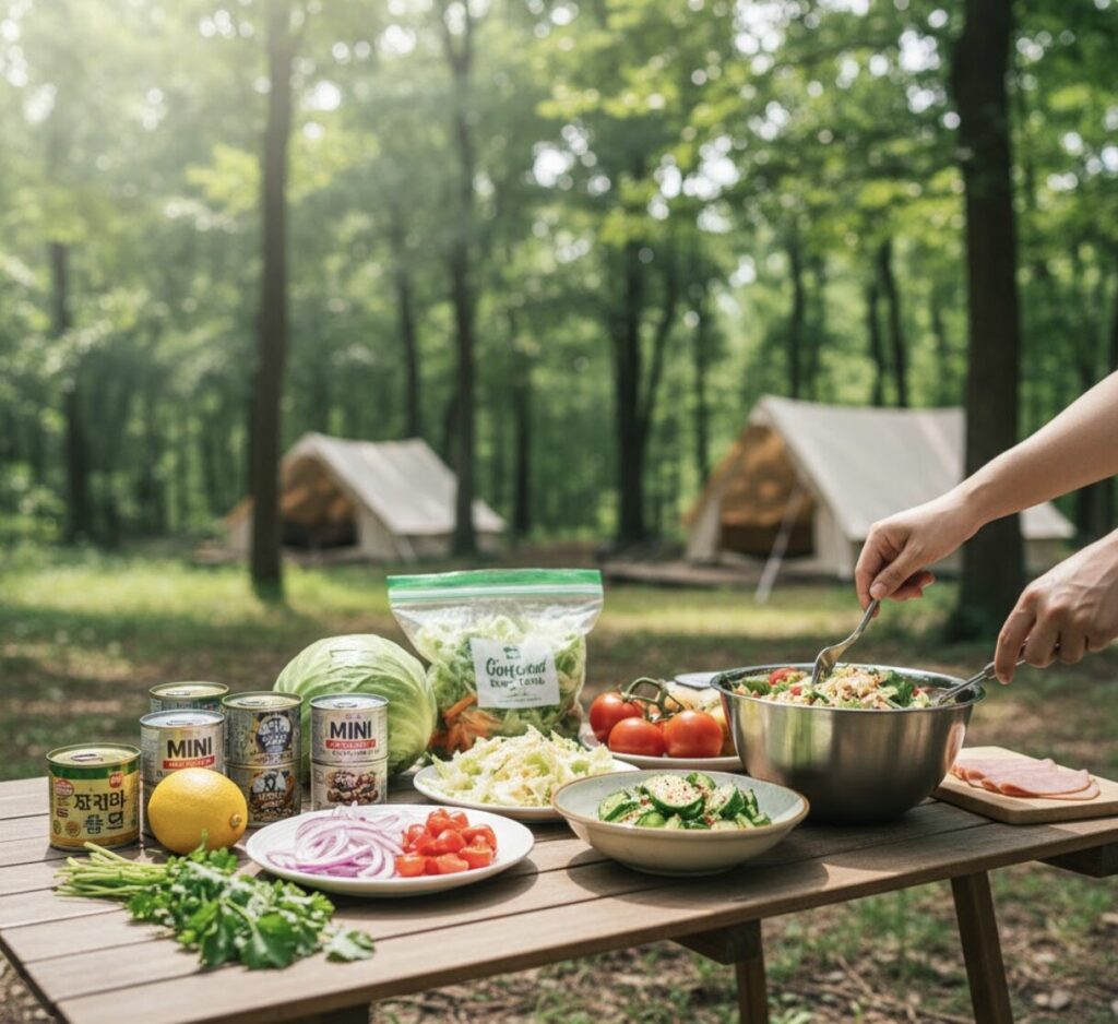 キャンプ場のテーブルで、缶詰やカット野菜、新鮮な野菜を使って簡単に作れるサラダを準備している様子。