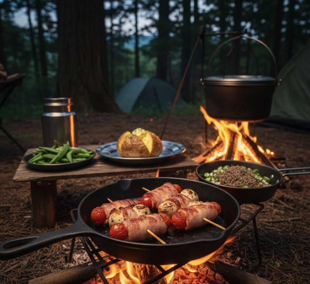 焚き火の上でスキレットを使い、ベーコン巻きピンチョスやじゃがバター、野菜のサブジを調理している様子。