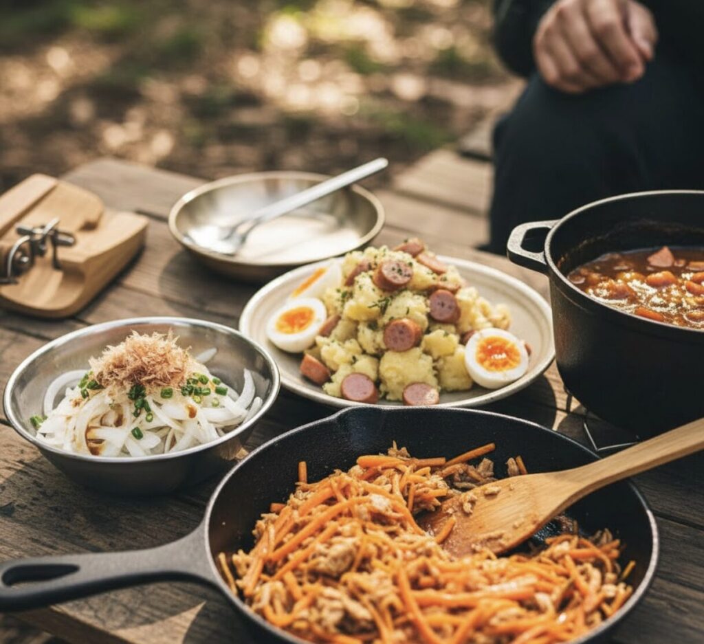 キャンプ場のテーブルに並べられた、カレーの余り野菜で作ったオニオンサラダ、ポテトサラダ、にんじんしりしり。
