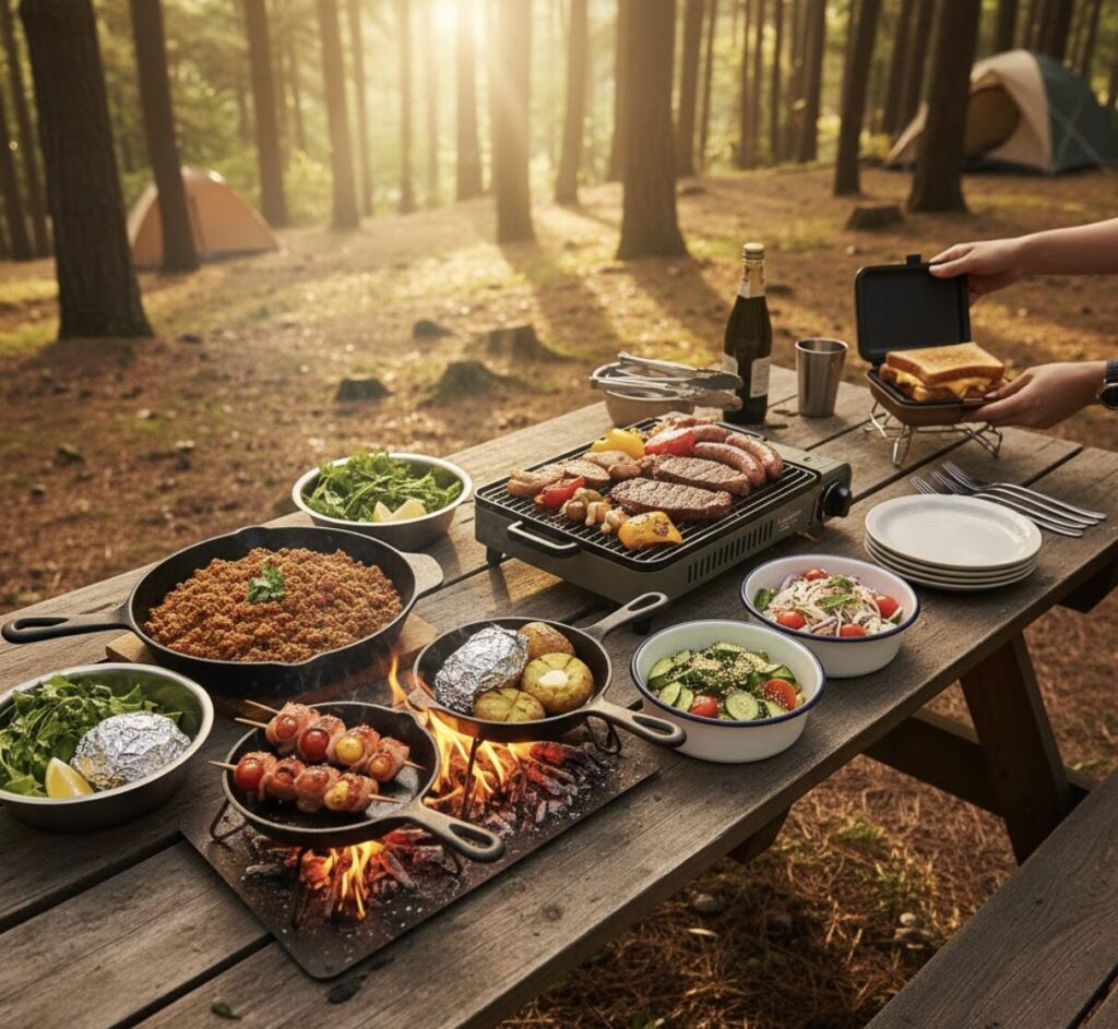 キャンプ場のテーブルに並べられた、ドライカレー、BBQ、ホットサンド、サラダなど、連泊キャンプの献立。