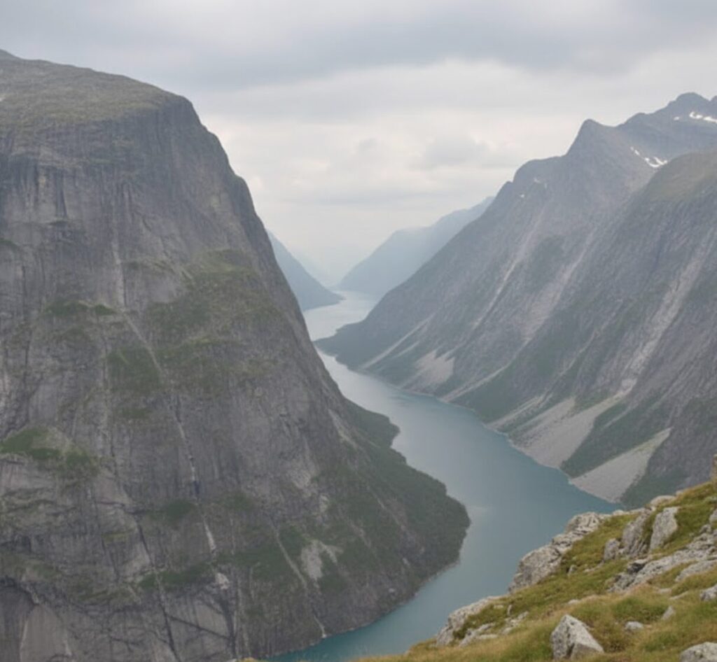 フィヨルドの雄大な景色。山々に囲まれた青い水面が広がり、自然の美しさと広大さを感じさせる。
