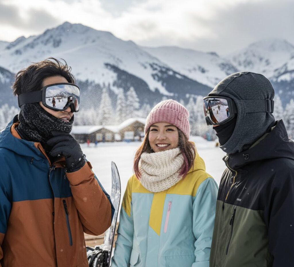 雪山のゲレンデで、防寒具について考えているスノーボーダー