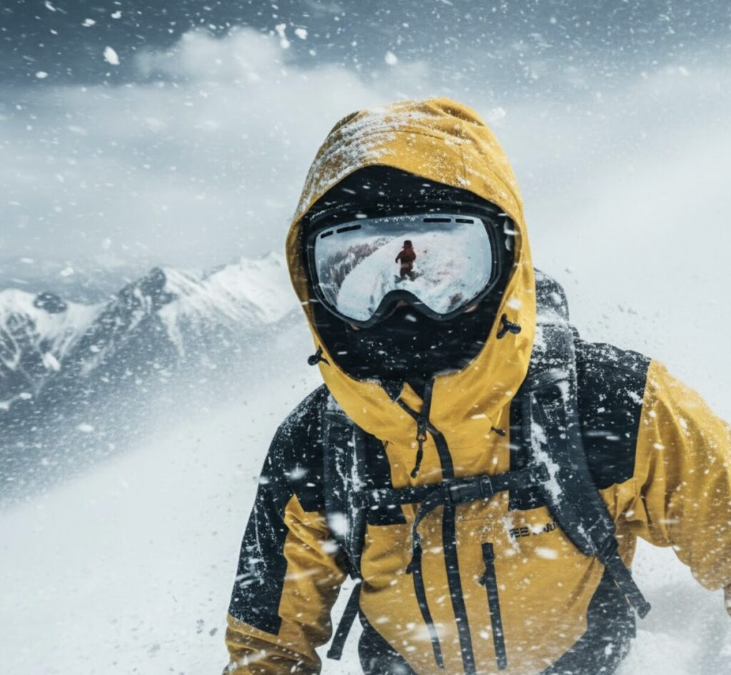 ネックウォーマーを着用し、吹雪から顔を守っているスノーボーダー