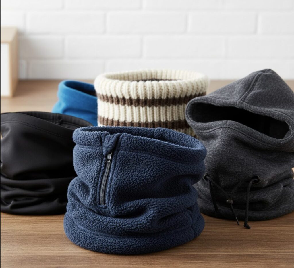 フリース素材、薄手のポリエステル素材、フードウォーマーといった異なる種類のネックウォーマー