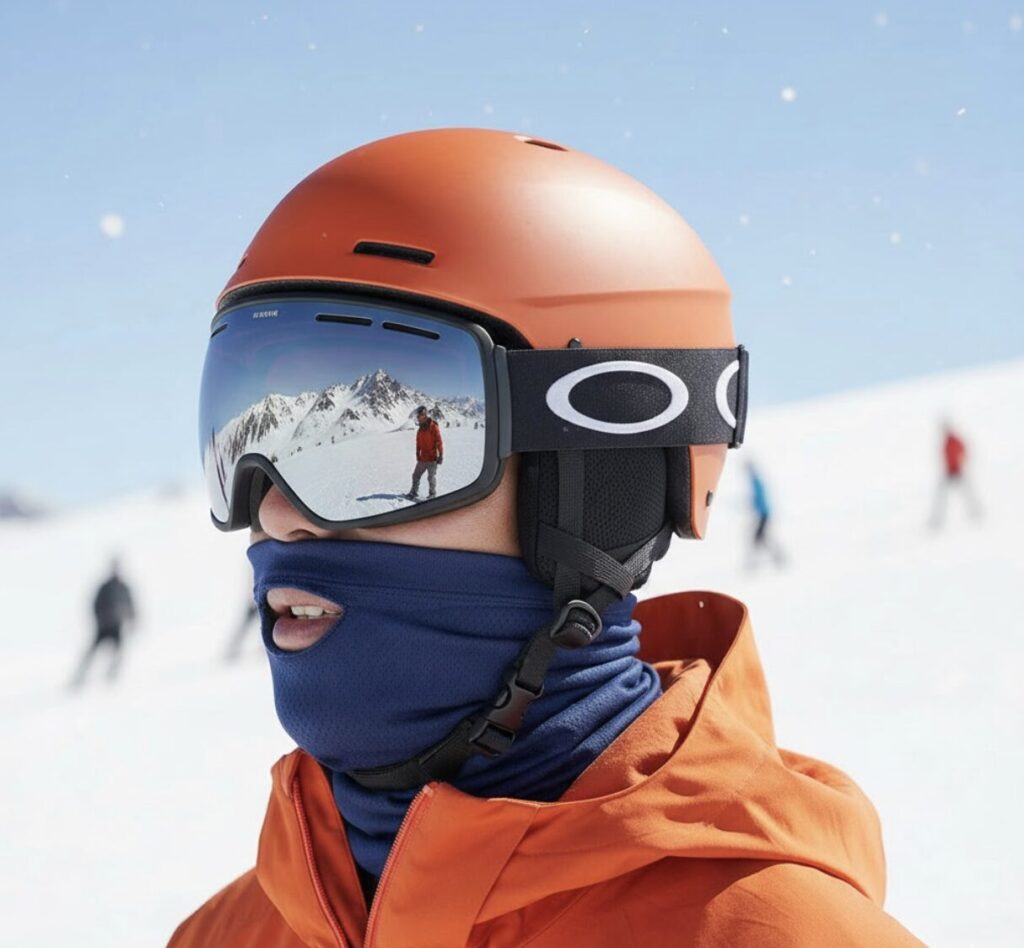 ゴーグルが曇らないよう、ネックウォーマーを正しく装着しているスノーボーダーの横顔