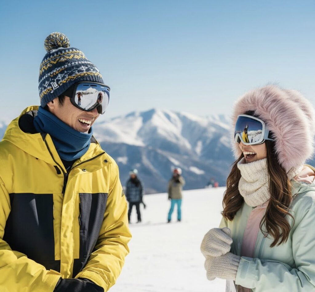 おしゃれなネックウォーマーをスノボウェアとコーディネートしている日本人男性と女性