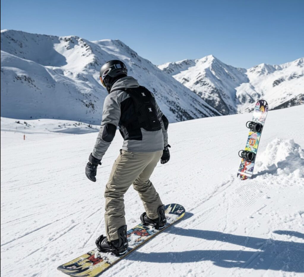 雪山でスノーボードを楽しむ人物と、その奥に立てかけられた古いスノーボード。