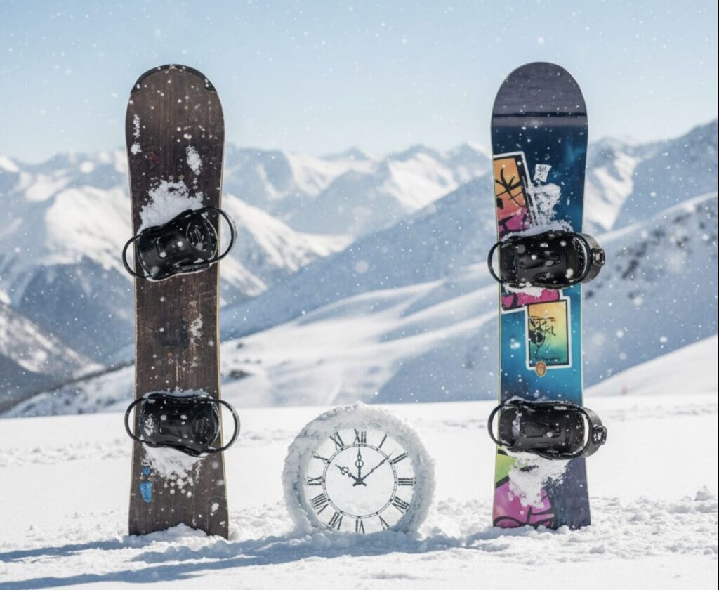 雪山に立てられた2枚のスノーボードと、その間に置かれた雪に覆われたアンティークな時計。