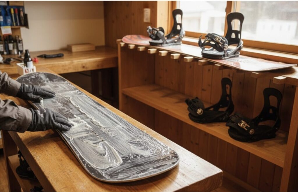 作業台の上でスノーボードにワックスを塗る手袋をはめた人物。奥にはビンディングが外された他のスノーボードが棚に置かれている。