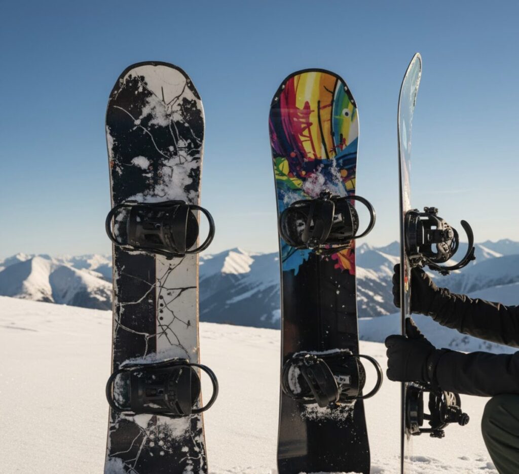 雪山に立てられた2枚のスノーボードと、手袋をはめた手が3枚目のスノーボードを比較するように持っている。