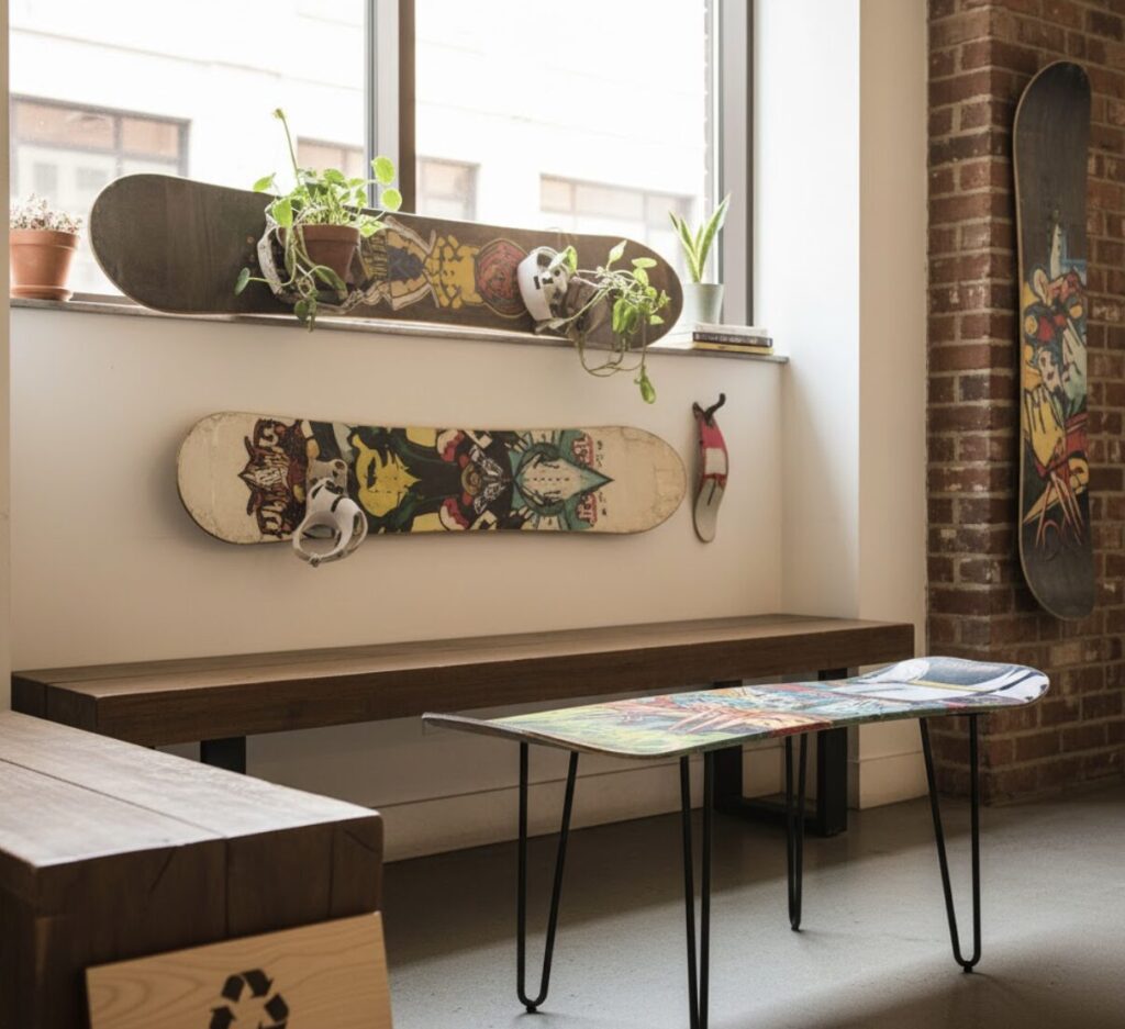 室内で古いスノーボードをリサイクルして作られた家具や装飾品。壁にはボードが飾られ、窓際にはプランターとして利用されたボード、中央にはテーブルとして活用されたボードが見える。