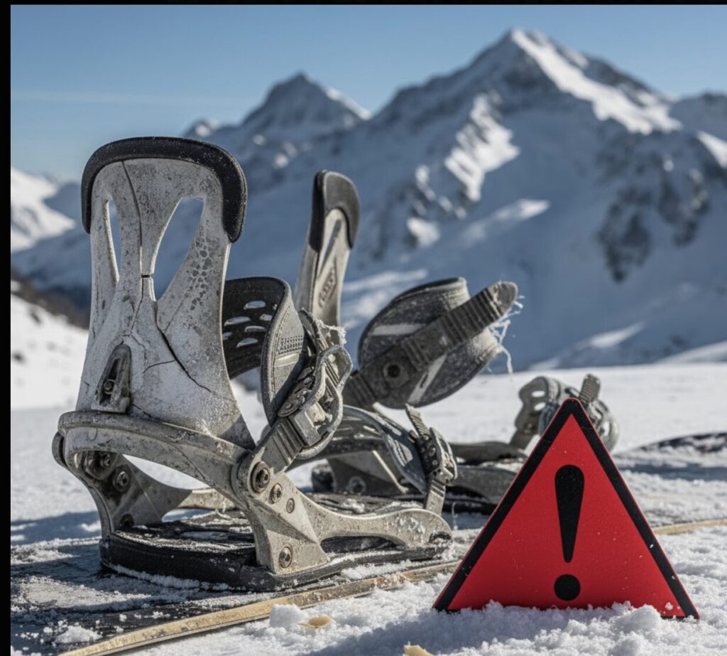 雪の上に置かれた劣化しひび割れたスノーボードのビンディングと、その手前に立てられた赤い警告サイン。遠景には雪山が見える。